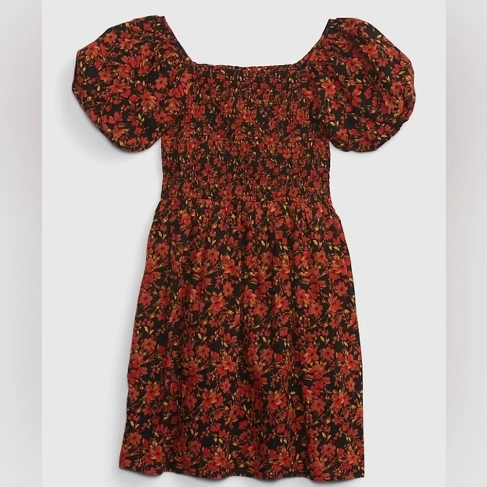 NWT Gap Kids Girls Puff Sleeve Smocked Dress Orange Black floral Thanksgiving